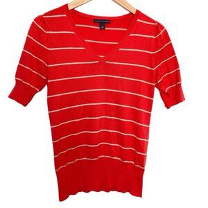 Banana Republic Silk Blend V-Neck Sweater S Short Sleeves Red Coral Beige Stripe